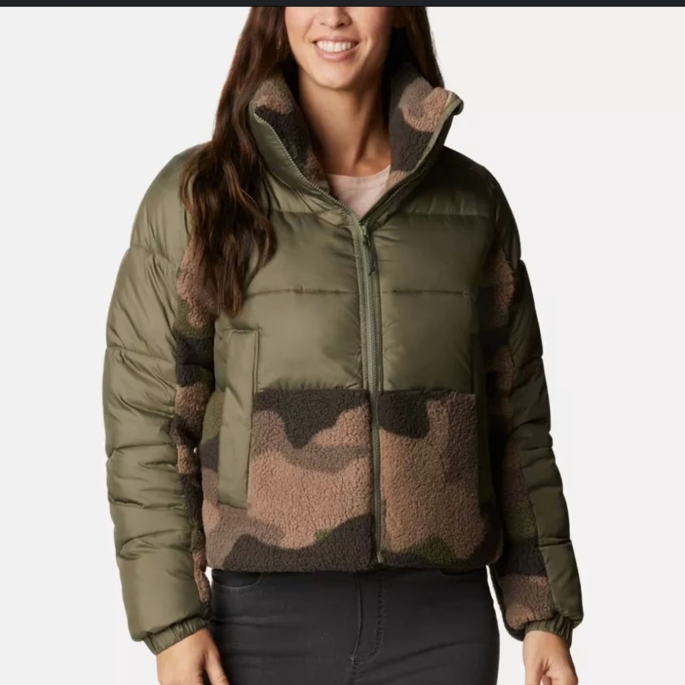 Columbia Womens Cropped Puffer Jacket Leadbetter Point Sherpa Hybrid Green XL